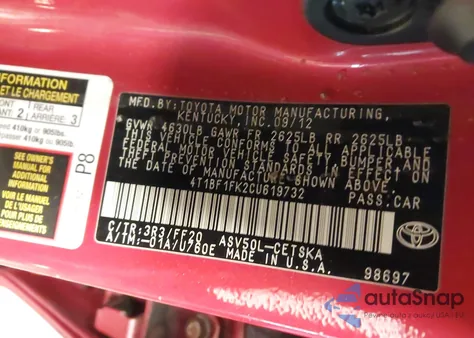 2012 Toyota Camry Se Limited Edition from USA, damaged, VIN 4T1BF1FK2CU619732